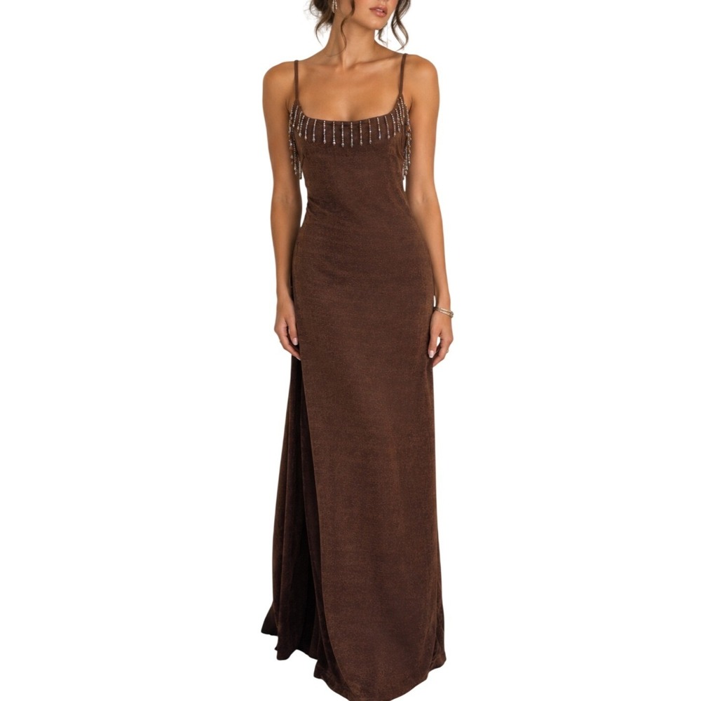 12th Tribe Whimsigoth Dark Espresso Brown Beaded Neckline and Back Maxi Dress